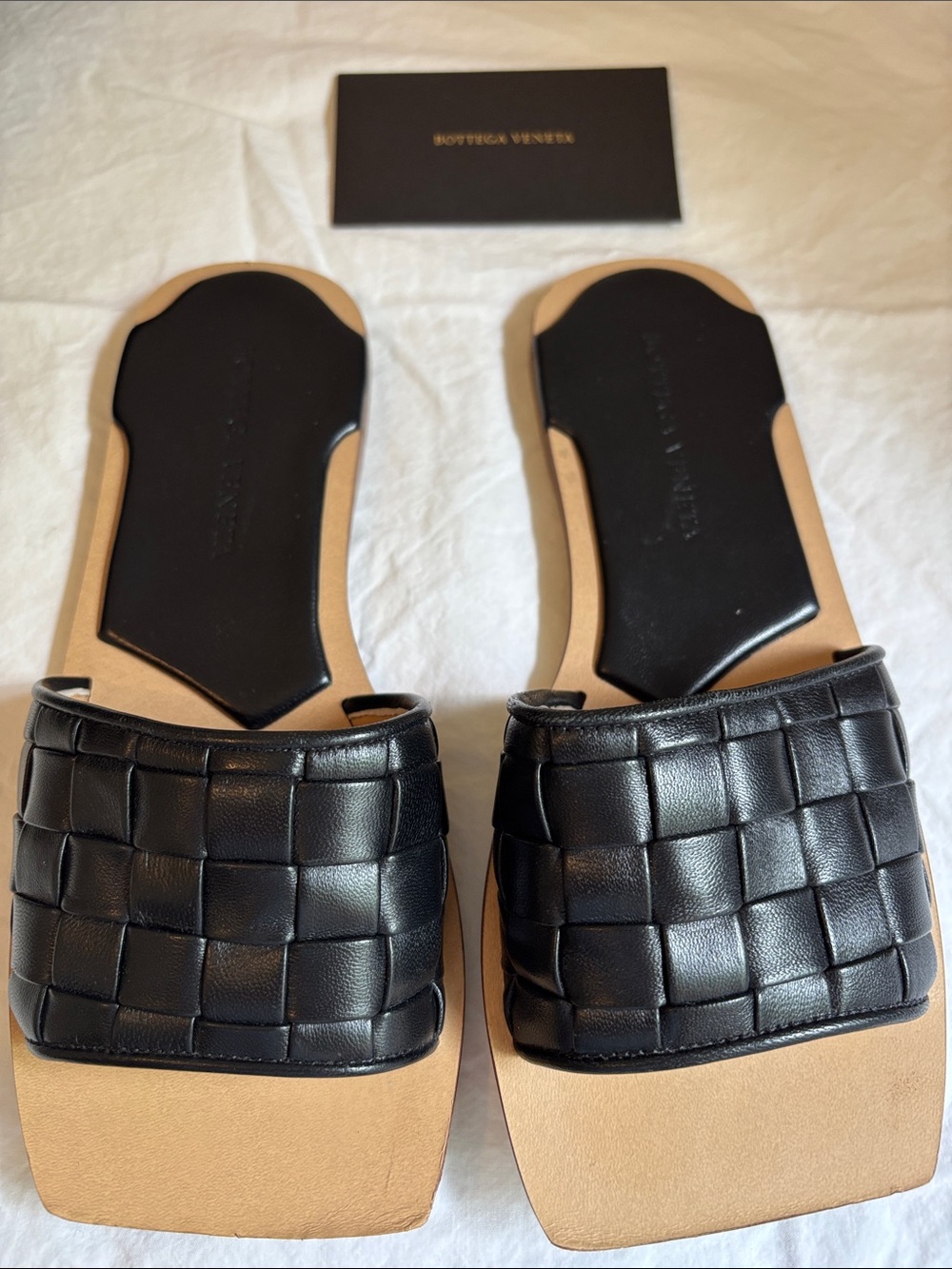 Bottega Veneta Black Intrecciato Slide Mules with Tan Sole size 34